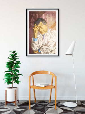 Art print of American TV detective Lt. Columbo with dramatic lighting and his signature cigar..
