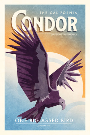Art print of graphic vintage style California Condor Poster with bright colors and clouds in background. One big-assed bird.