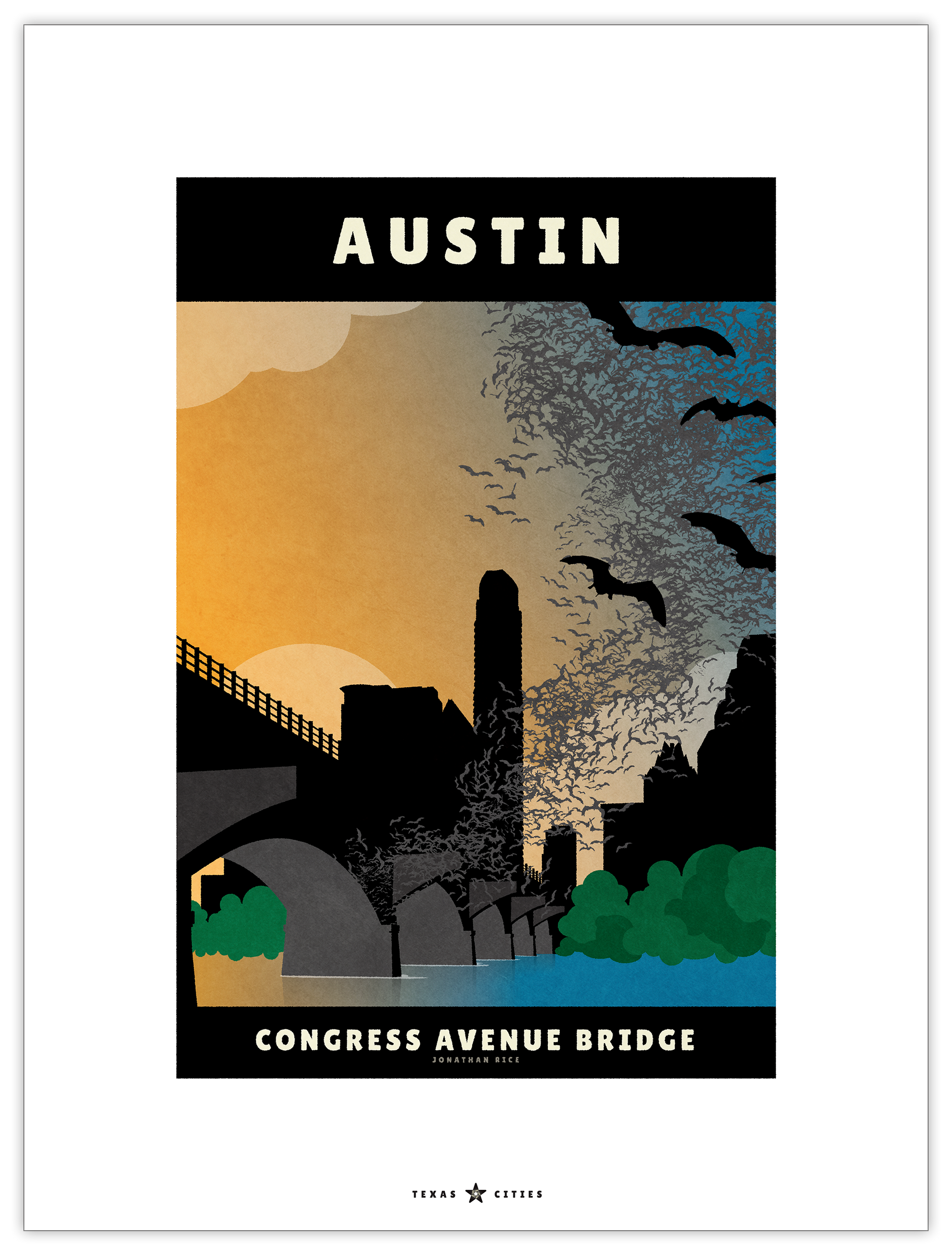 Giclée art print travel poster of Congress Avenue Bridge in Austin, Texas, with bats taking flight at dusk.