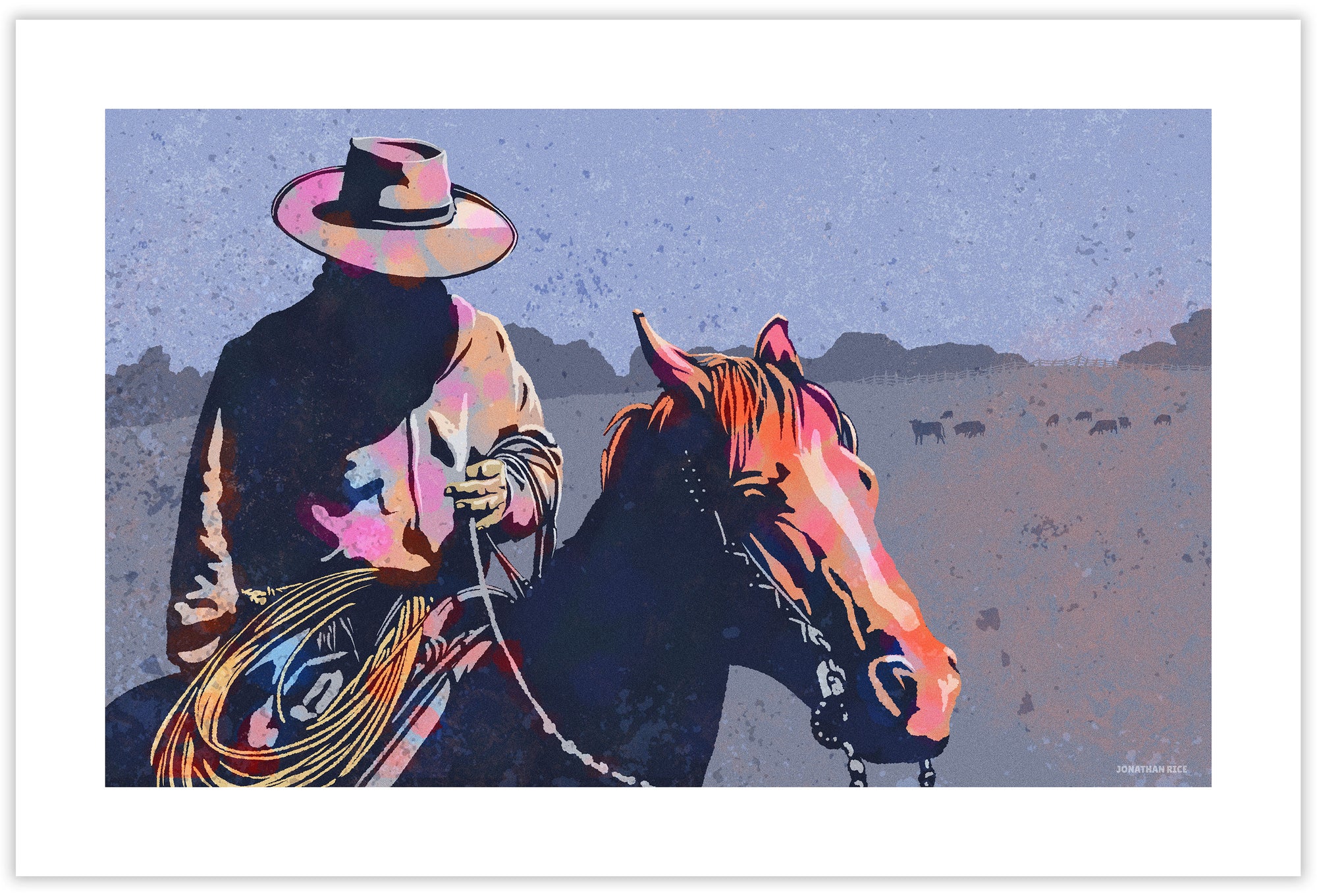Modern style giclée art print of a Cowboy and his horse on the range. It is brightly colored, yet has gritty texture overall. Their are cows on the range in the distance.