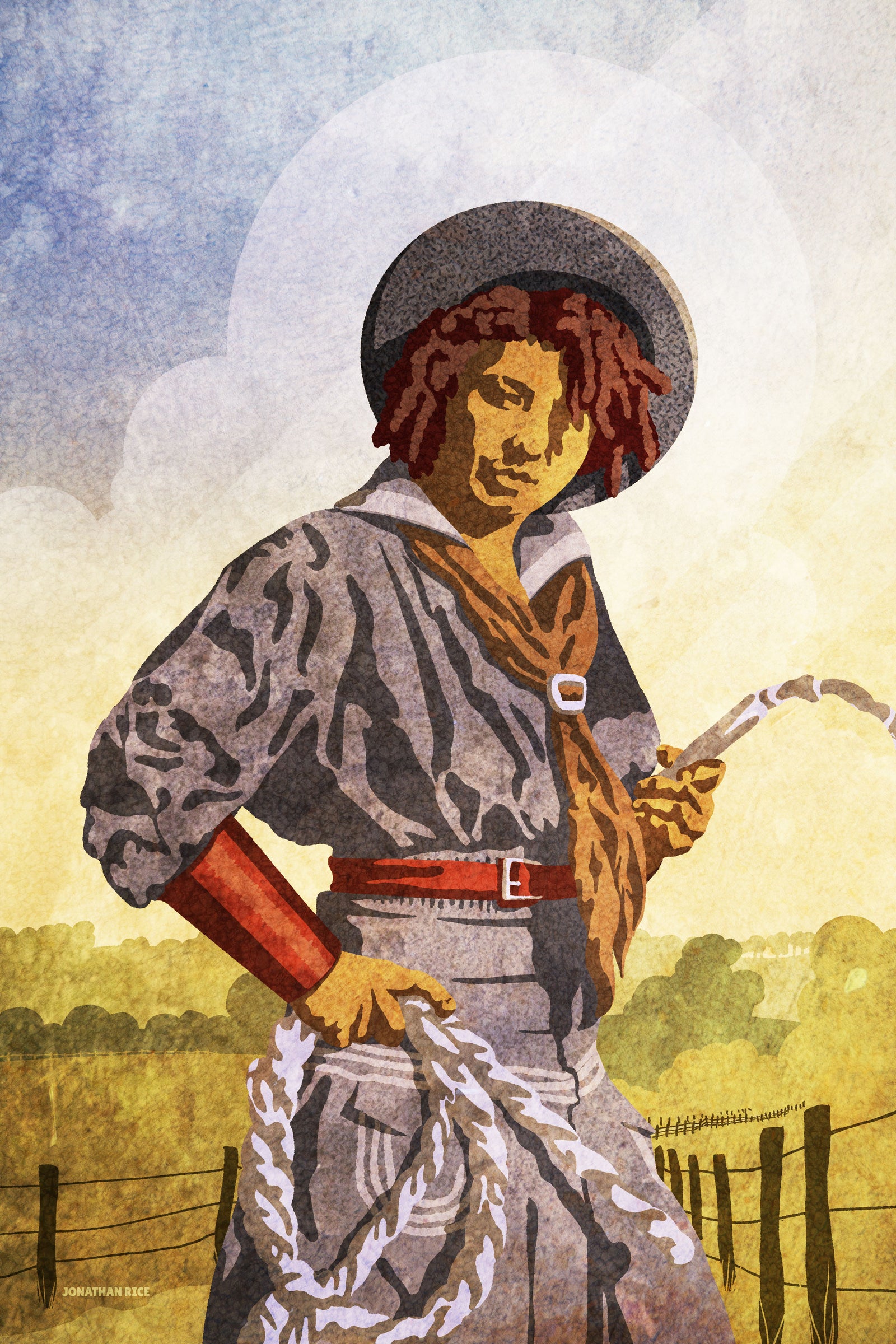 Giclée art print of the black cowgirl Nellie Brown holding a lasso and whip. 