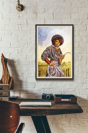 Giclée art print of the black cowgirl Nellie Brown holding a lasso and whip. 