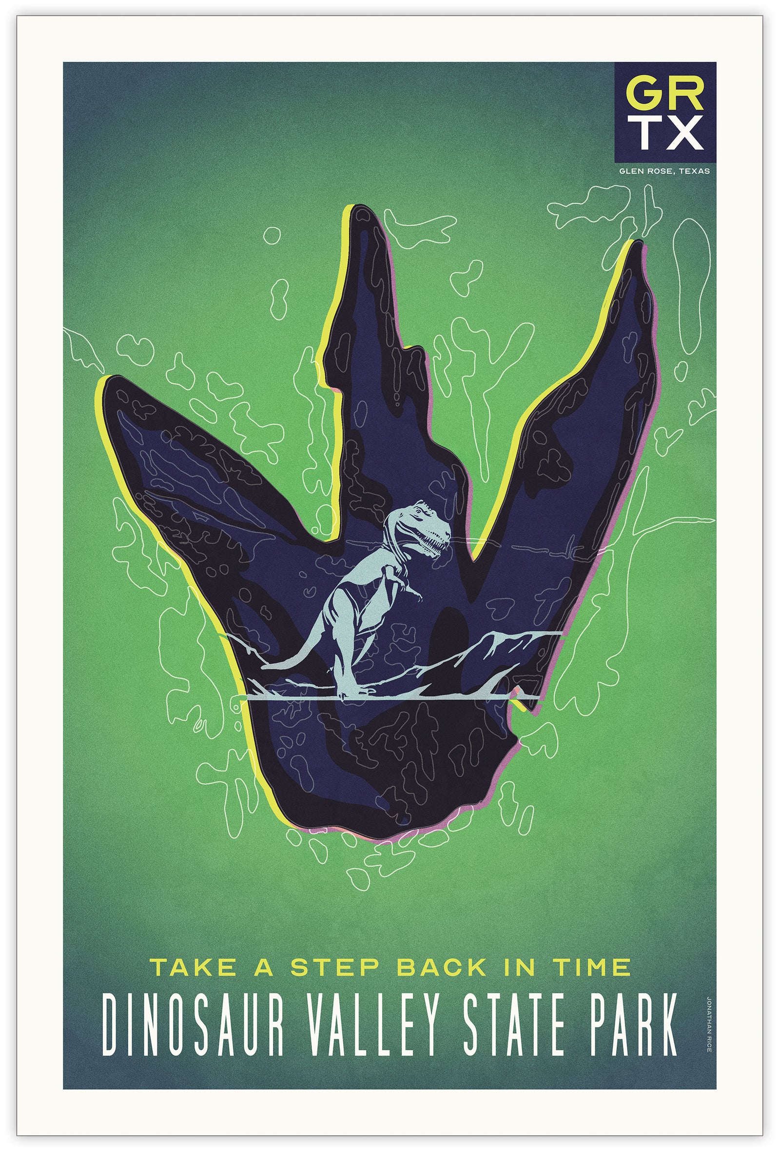 Bold graphic giclée art print of a Dinosaur foot print with T-rex inside and the words “Take a Step Back in Time. Dinosaur Valley State Park”. Print is predominately yellow green with deep purple accents.