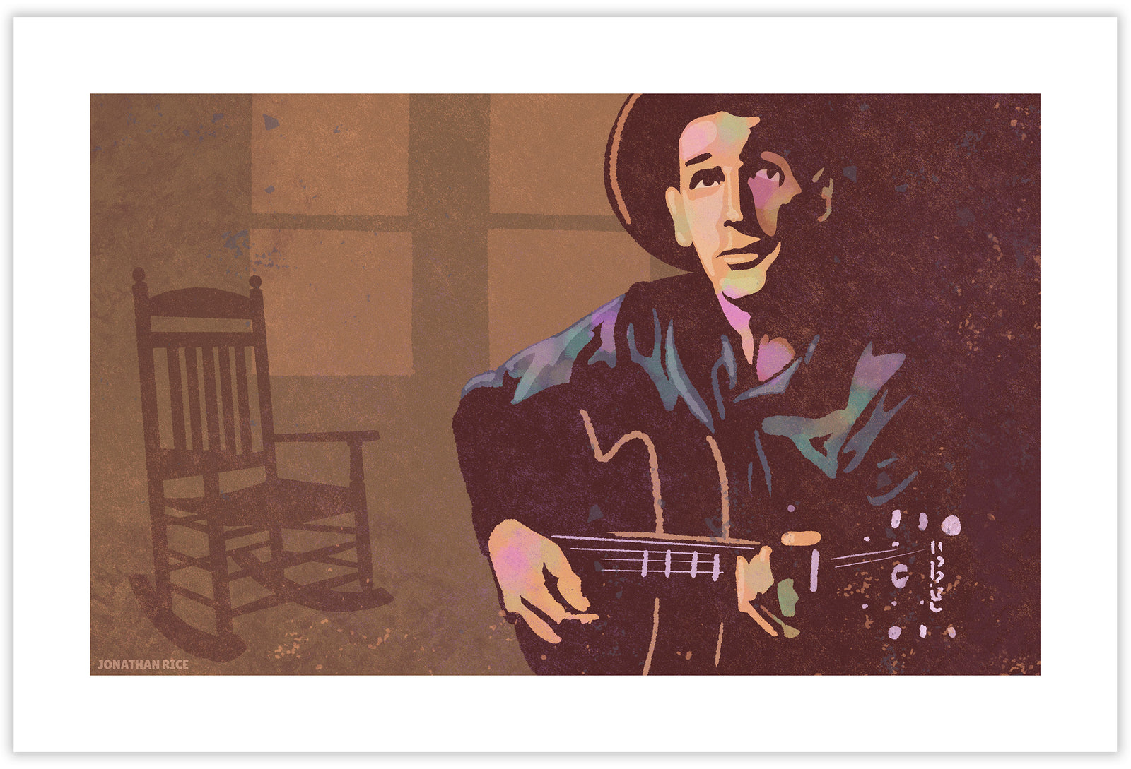 Modern style giclée art print of a drugstore cowboy playing his guitar and singing. It is richly colored, yet has gritty texture overall. There is rocking chair and window in the background.