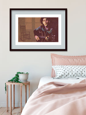 Modern style giclée art print of a drugstore cowboy playing his guitar and singing. It is richly colored, yet has gritty texture overall. There is rocking chair and window in the background.