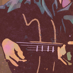 Detail of Modern style giclée art print of a drugstore cowboy playing his guitar and singing. It is richly colored, yet has gritty texture overall. There is rocking chair and window in the background.
