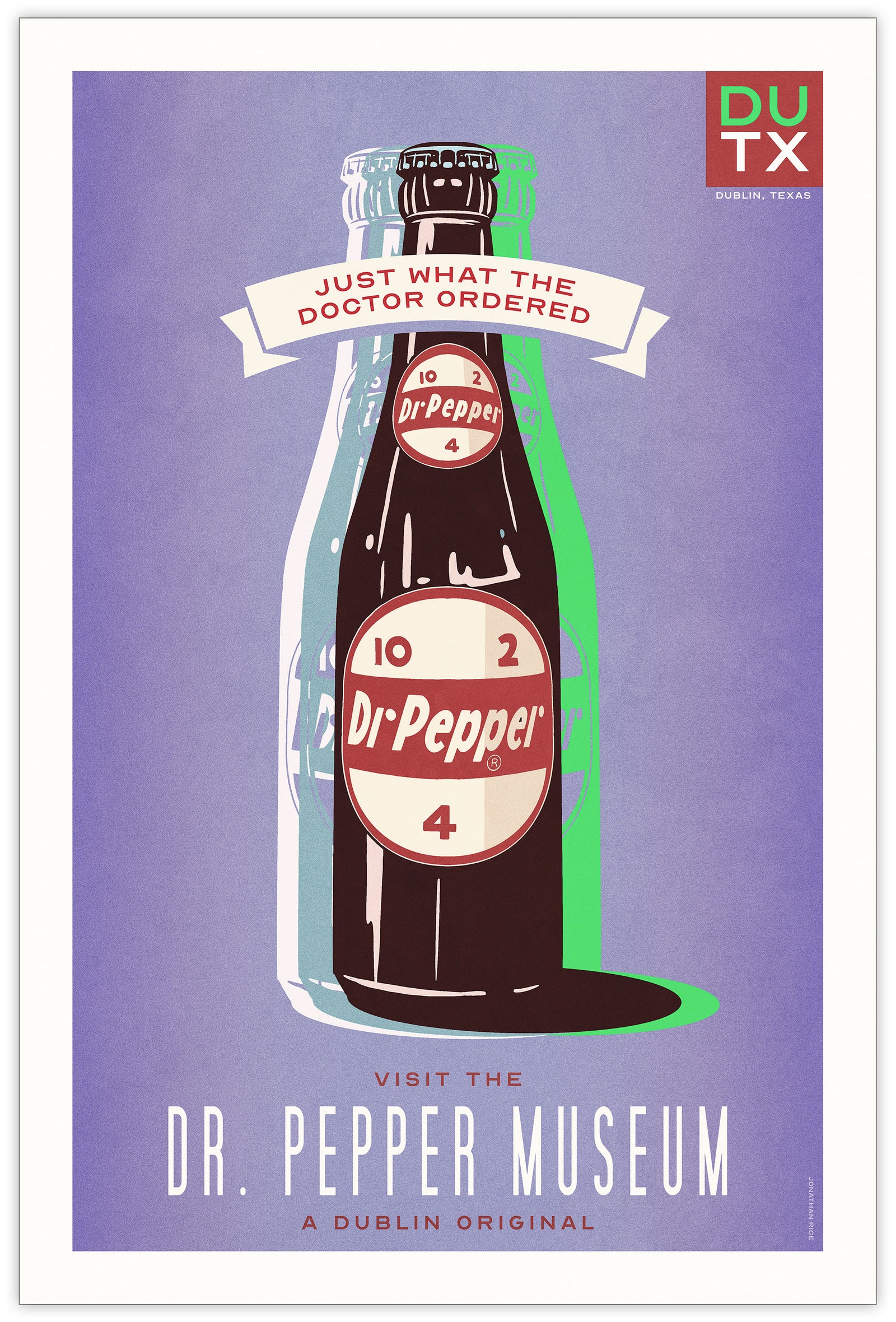 Bold graphic giclée art print of a Dr Pepper with the words “Visit the Dr Pepper Museum”. Print is predominately bright purple with large bottle of Dr Pepper on it.