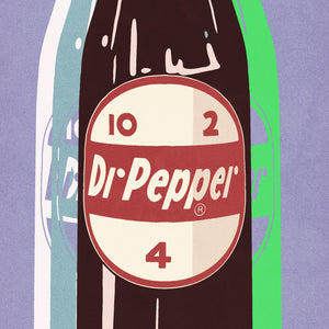Detail of Bold graphic giclée art print of a Dr Pepper with the words “Visit the Dr Pepper Museum”. Print is predominately bright purple with large bottle of Dr Pepper on it.