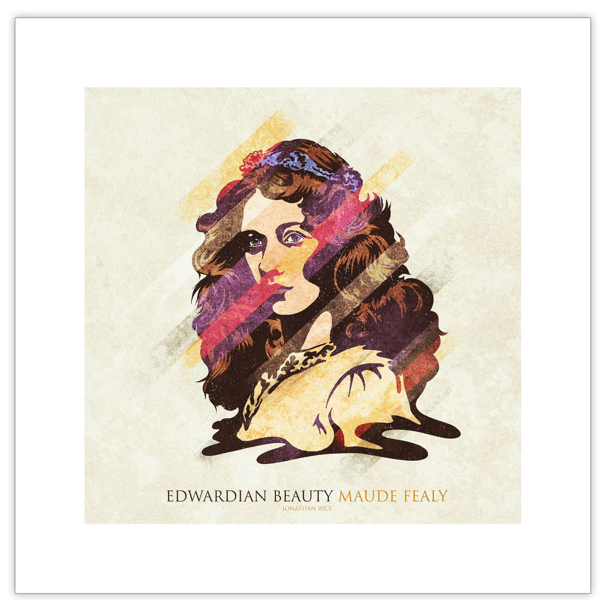 Retro styled art print of early 1900’s actress Maude Fealy. Fealy. Bold graphic lines are complemented by colorful streaks giving the piece a sense of movement. The print has the words “Edwardian Beauty Maude Fealy” on it.