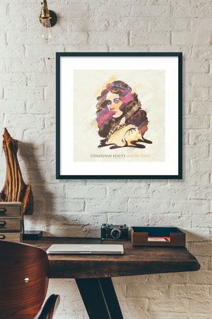 Retro styled art print of early 1900’s actress Maude Fealy. Fealy. Bold graphic lines are complemented by colorful streaks giving the piece a sense of movement. The print has the words “Edwardian Beauty Maude Fealy” on it.