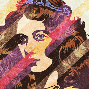 Detail of Retro styled art print of early 1900’s actress Maude Fealy. Fealy. Bold graphic lines are complemented by colorful streaks giving the piece a sense of movement. The print has the words “Edwardian Beauty Maude Fealy” on it.