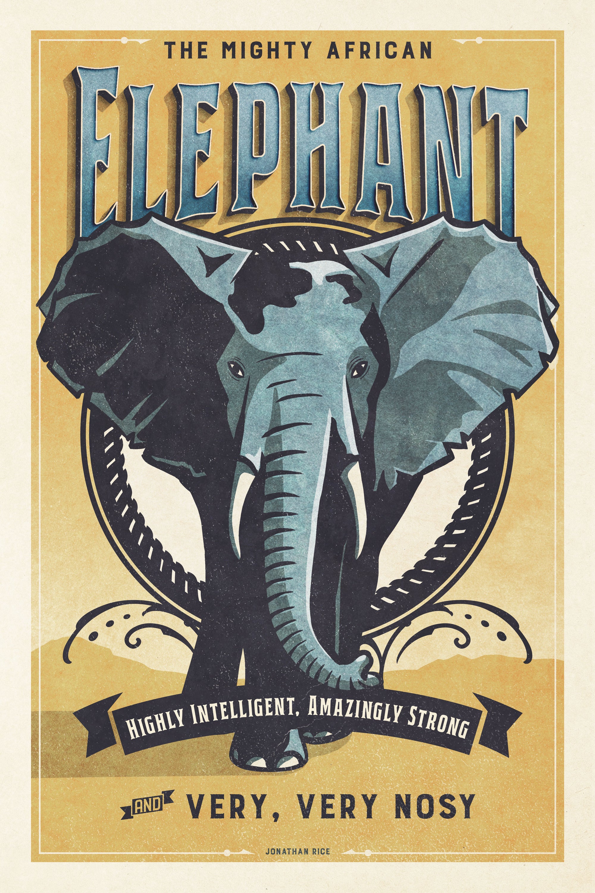 Vintage style humorous African Elephant art print with ornate typography and graphics inspired by old travel, and wildlife posters of the 1930s 40s and 50s. Print shows an African Bull Elephant with mountains in the background.