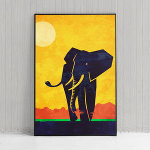 Primitive art print of an African Elephant on the savannah created in a mid-century modern style with bold gold, red, green and black colors.
