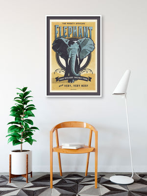 Vintage style humorous African Elephant art print with ornate typography and graphics inspired by old travel, and wildlife posters of the 1930s 40s and 50s. Print shows an African Bull Elephant with mountains in the background.