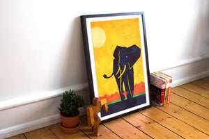 Primitive art print of an African Elephant on the savannah created in a mid-century modern style with bold gold, red, green and black colors.