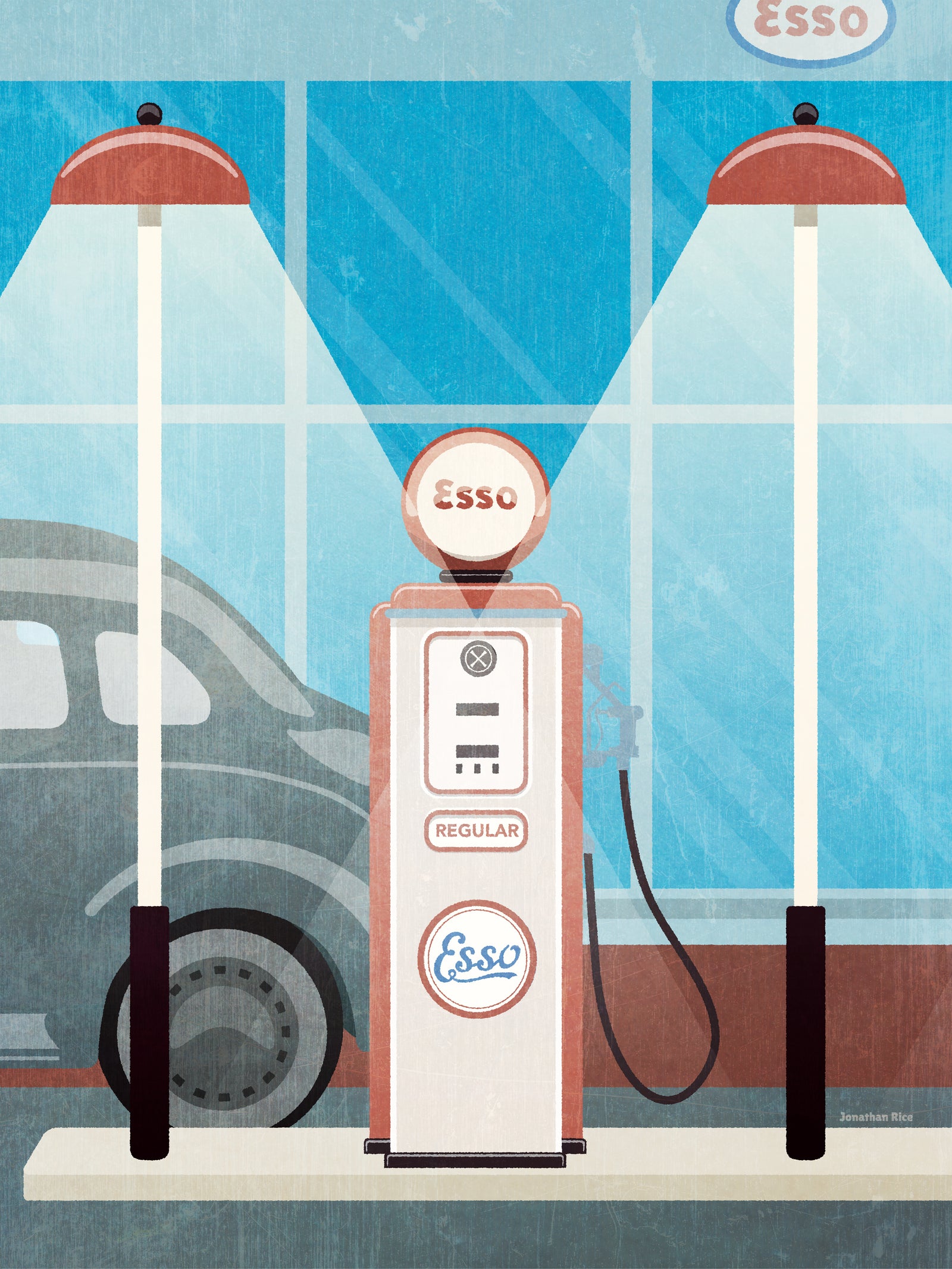 Vintage Esso Gas Pump modern art print with lights and old car in background.