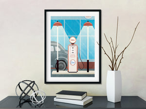 Vintage Esso Gas Pump modern art print with lights and old car in background.