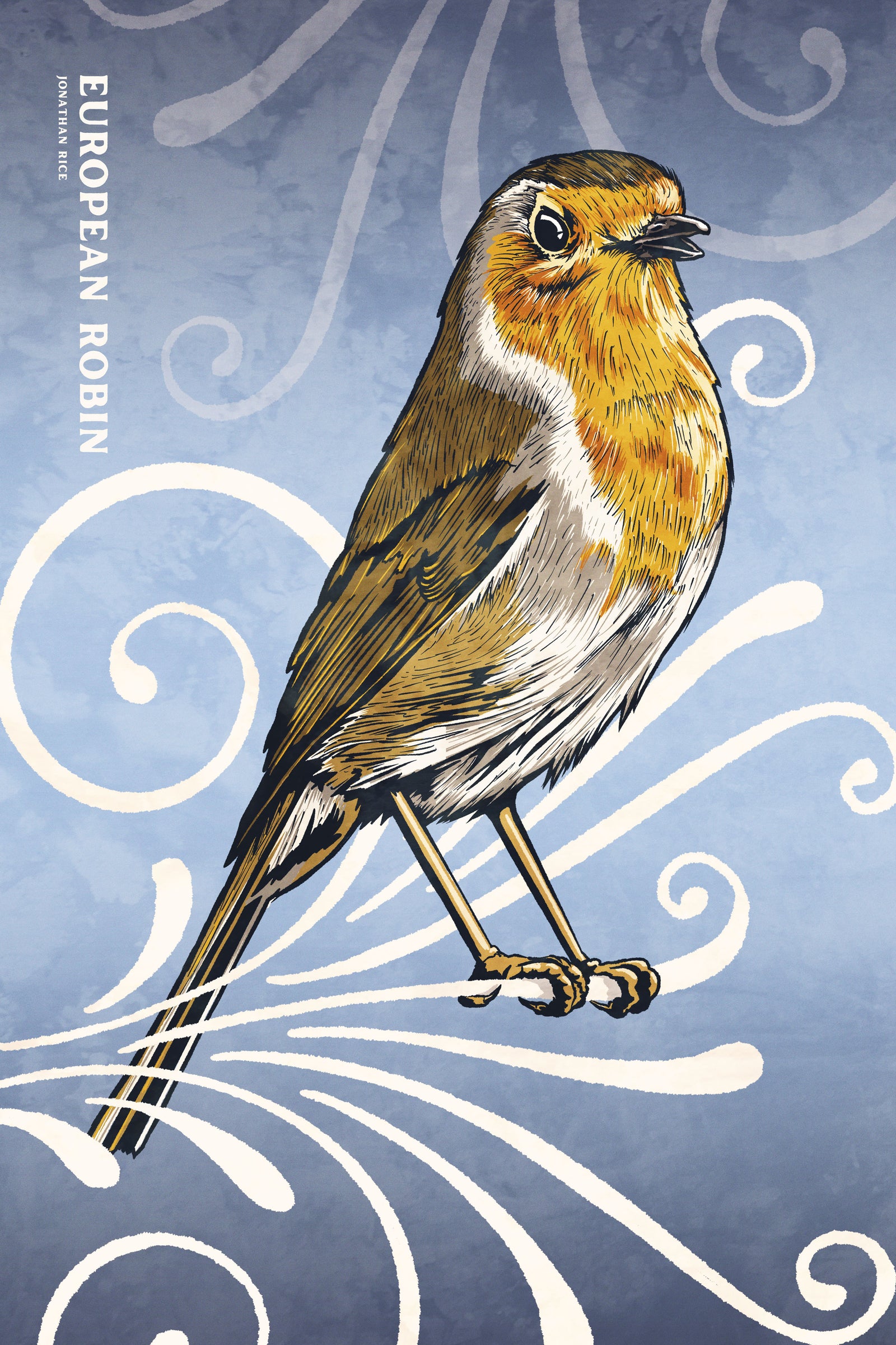 Bold graphic giclée art print of a European Robin. Print is a portrait of a European Robin perched atop a beautiful graphic ornament on a blue background with the words “European Robin” in the upper left corner.