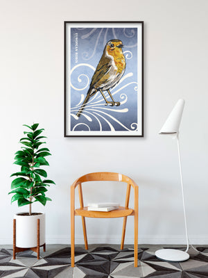 Bold graphic giclée art print of a European Robin. Print is a portrait of a European Robin perched atop a beautiful graphic ornament on a blue background with the words “European Robin” in the upper left corner.