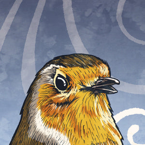 Detail of Bold graphic giclée art print of a European Robin. Print is a portrait of a European Robin perched atop a beautiful graphic ornament on a blue background with the words “European Robin” in the upper left corner.