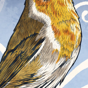 Detail of Bold graphic giclée art print of a European Robin. Print is a portrait of a European Robin perched atop a beautiful graphic ornament on a blue background with the words “European Robin” in the upper left corner.