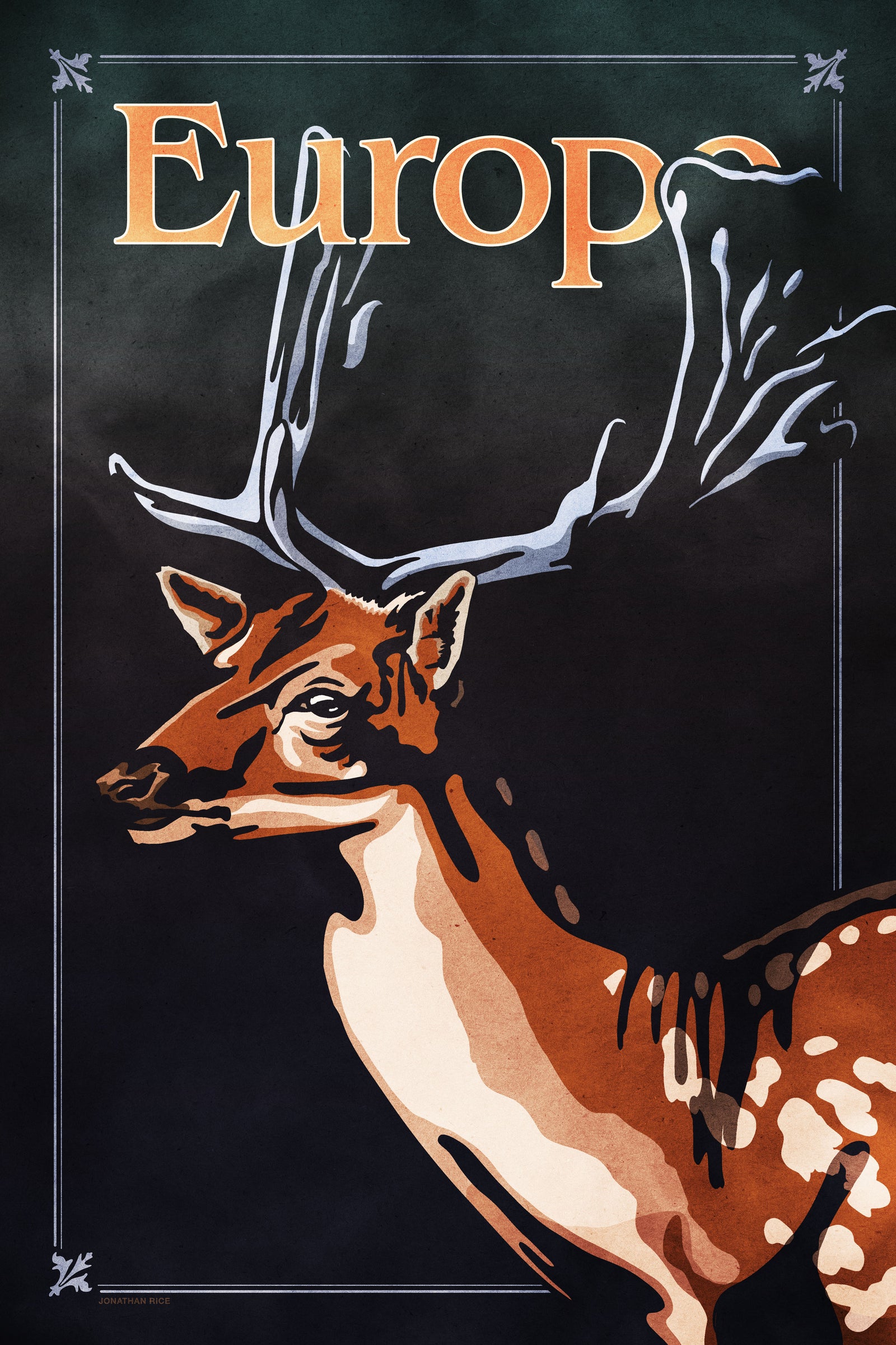 Bold graphic giclée art print of a European Fallow Deer. Print shows a European Fallow Deer blending into a dark blueish green background and overlapping the word “Europe”.