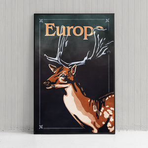 Bold graphic giclée art print of a European Fallow Deer. Print shows a European Fallow Deer blending into a dark blueish green background and overlapping the word “Europe”.