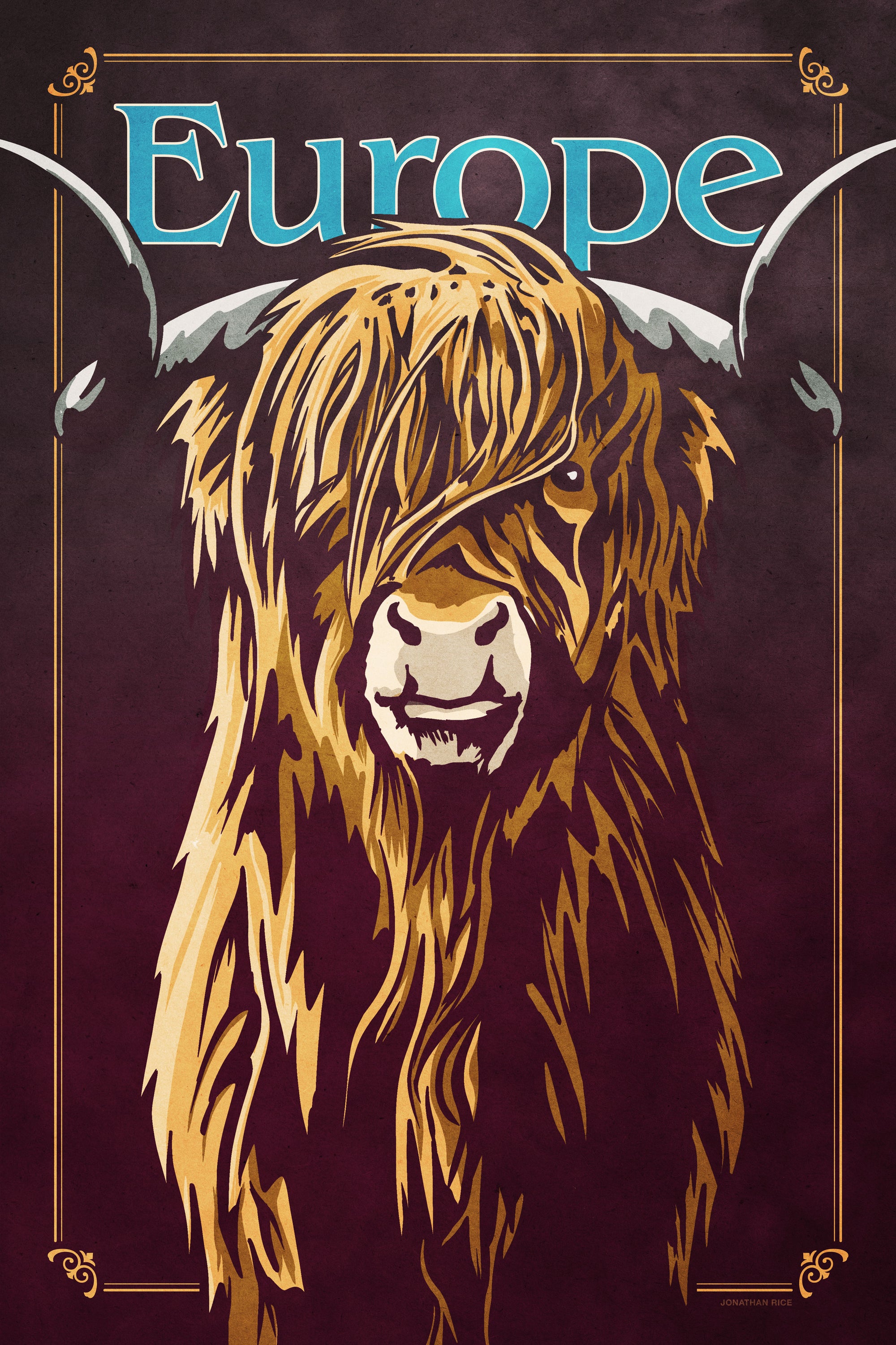 Bold graphic giclée art print of a European Highland Cow. Print shows a European Highland Cow blending into a dark purple background and overlapping the word “Europe”.