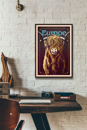Bold graphic giclée art print of a European Highland Cow. Print shows a European Highland Cow blending into a dark purple background and overlapping the word “Europe”.