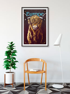 Bold graphic giclée art print of a European Highland Cow. Print shows a European Highland Cow blending into a dark purple background and overlapping the word “Europe”.