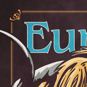 Detail of Bold graphic giclée art print of a European Highland Cow. Print shows a European Highland Cow blending into a dark purple background and overlapping the word “Europe”.
