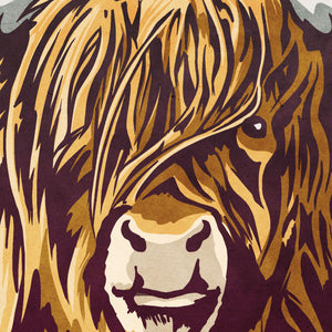Detail of Bold graphic giclée art print of a European Highland Cow. Print shows a European Highland Cow blending into a dark purple background and overlapping the word “Europe”.