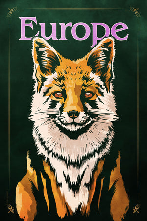 Bold graphic giclée art print of a European Red Fox. Print shows a European Red Fox blending into a dark green background and overlapping the word “Europe”.