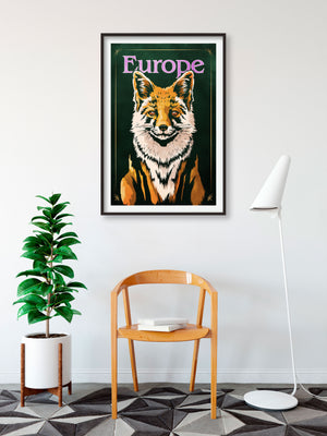 Bold graphic giclée art print of a European Red Fox. Print shows a European Red Fox blending into a dark green background and overlapping the word “Europe”.