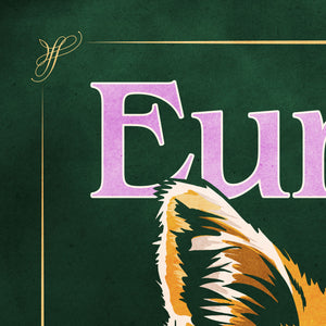 Detail of Bold graphic giclée art print of a European Red Fox. Print shows a European Red Fox blending into a dark green background and overlapping the word “Europe”.