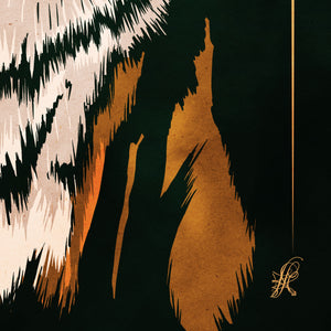Detail of Bold graphic giclée art print of a European Red Fox. Print shows a European Red Fox blending into a dark green background and overlapping the word “Europe”.