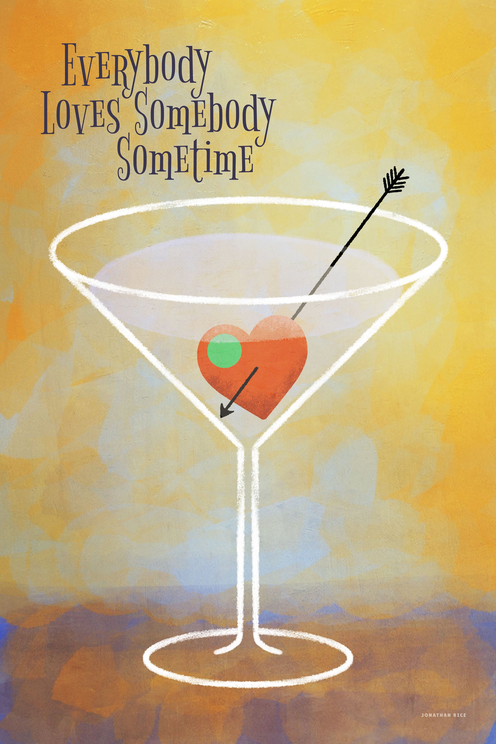 Mid-century style Art Print of a martini glass with heart-shape olive with the title "Everybody Loves Somebody Sometime". 