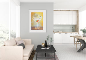Mid-century style Art Print of a martini glass with heart-shape olive with the title "Everybody Loves Somebody Sometime". 