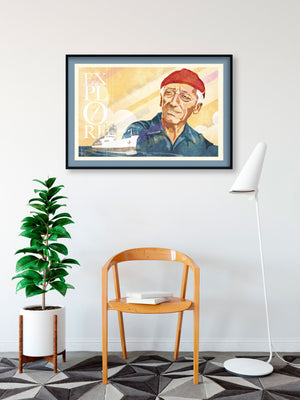 Stunning portrait of Jaques Cousteau with his research vessel “Calypso" and the word “EXPLORE”. The poster shows Cousteau overlooking his research vessel Calypso, with clouds and sun rays in the background.