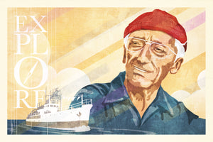 Stunning portrait of Jaques Cousteau with his research vessel “Calypso" and the word “EXPLORE”. The poster shows Cousteau overlooking his research vessel Calypso, with clouds and sun rays in the background.