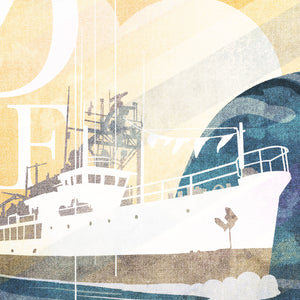 Detail of Stunning portrait of Jaques Cousteau with his research vessel “Calypso" and the word “EXPLORE”. The poster shows Cousteau overlooking his research vessel Calypso, with clouds and sun rays in the background.