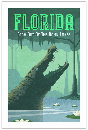 Humorous giclée art print travel poster of Florida showing an alligator in a lake with floating flowers and trees with moss.