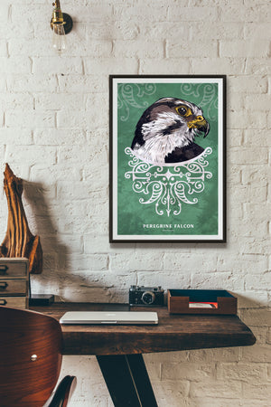 Bold graphic giclée art print of a Peregrine Falcon. Print is a portrait of a Peregrine Falcon adorning the top of a beautiful graphic ornament on a green background with the words “Peregrine Falcon” below.