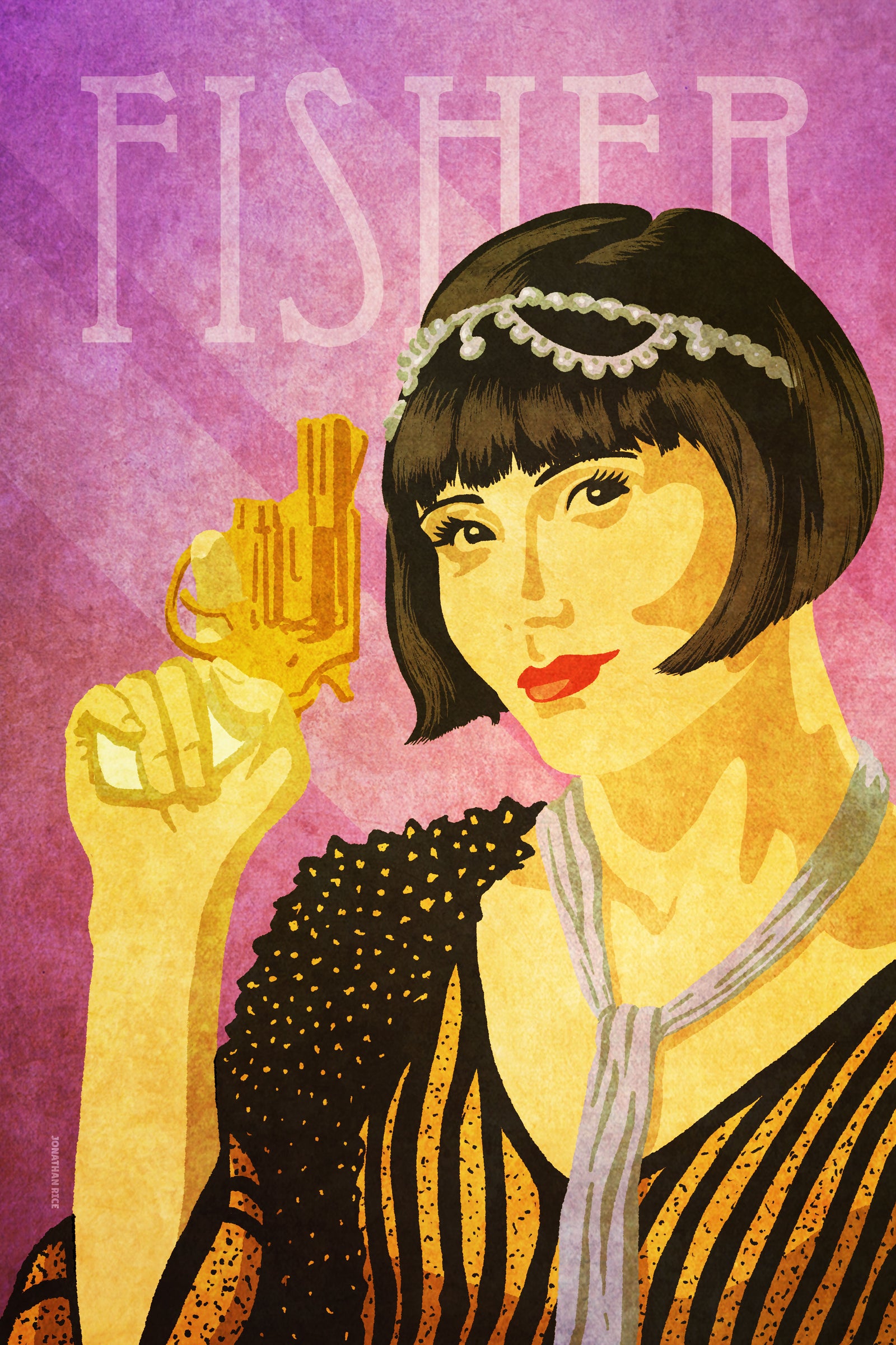 Modern art print of Miss Phryne Fisher, lady detective, with her golden revolver..