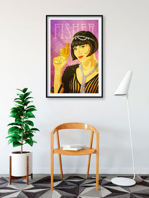 Modern art print of Miss Phryne Fisher, lady detective, with her golden revolver..