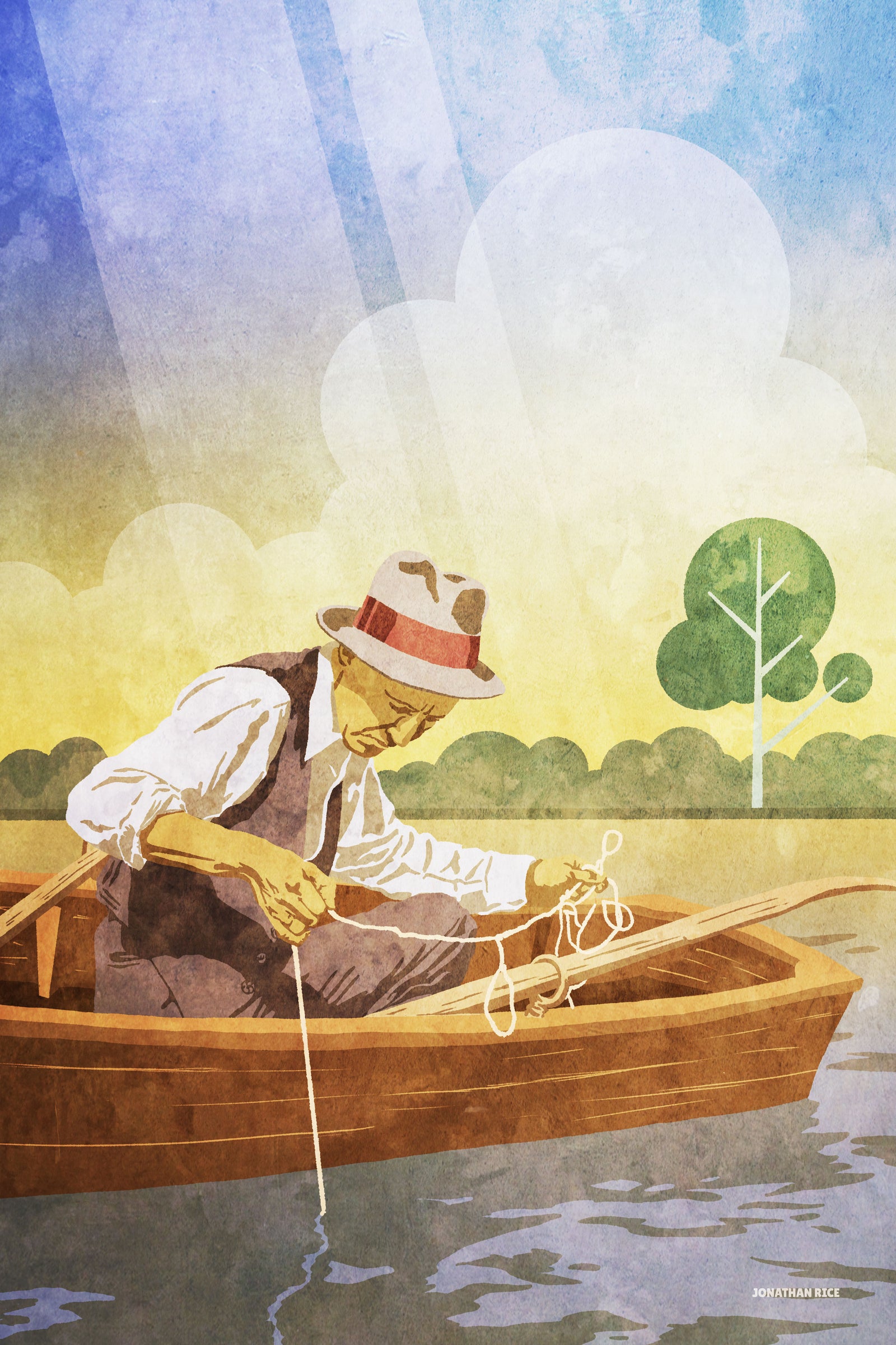 Retro style giclée art print of a man wearing a hat fishing in a row boat with a trotline.