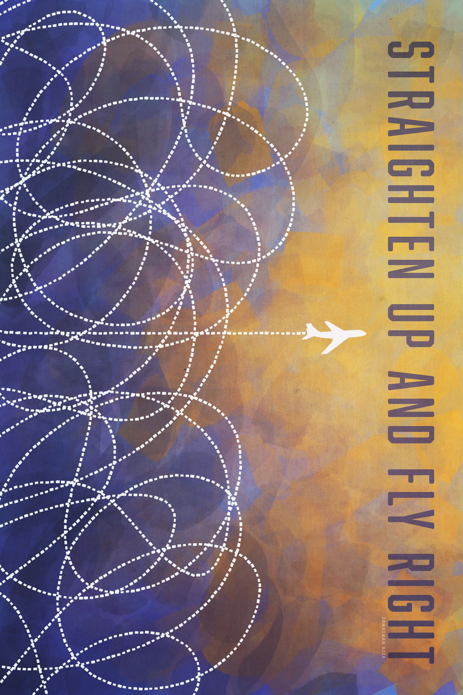 Mid-century style Art Print of graphic lines on a color field and an airplane with the title "Straighten Up And Fly Right".