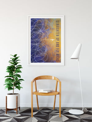 Mid-century style Art Print of graphic lines on a color field and an airplane with the title "Straighten Up And Fly Right".