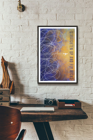 Mid-century style Art Print of graphic lines on a color field and an airplane with the title "Straighten Up And Fly Right".