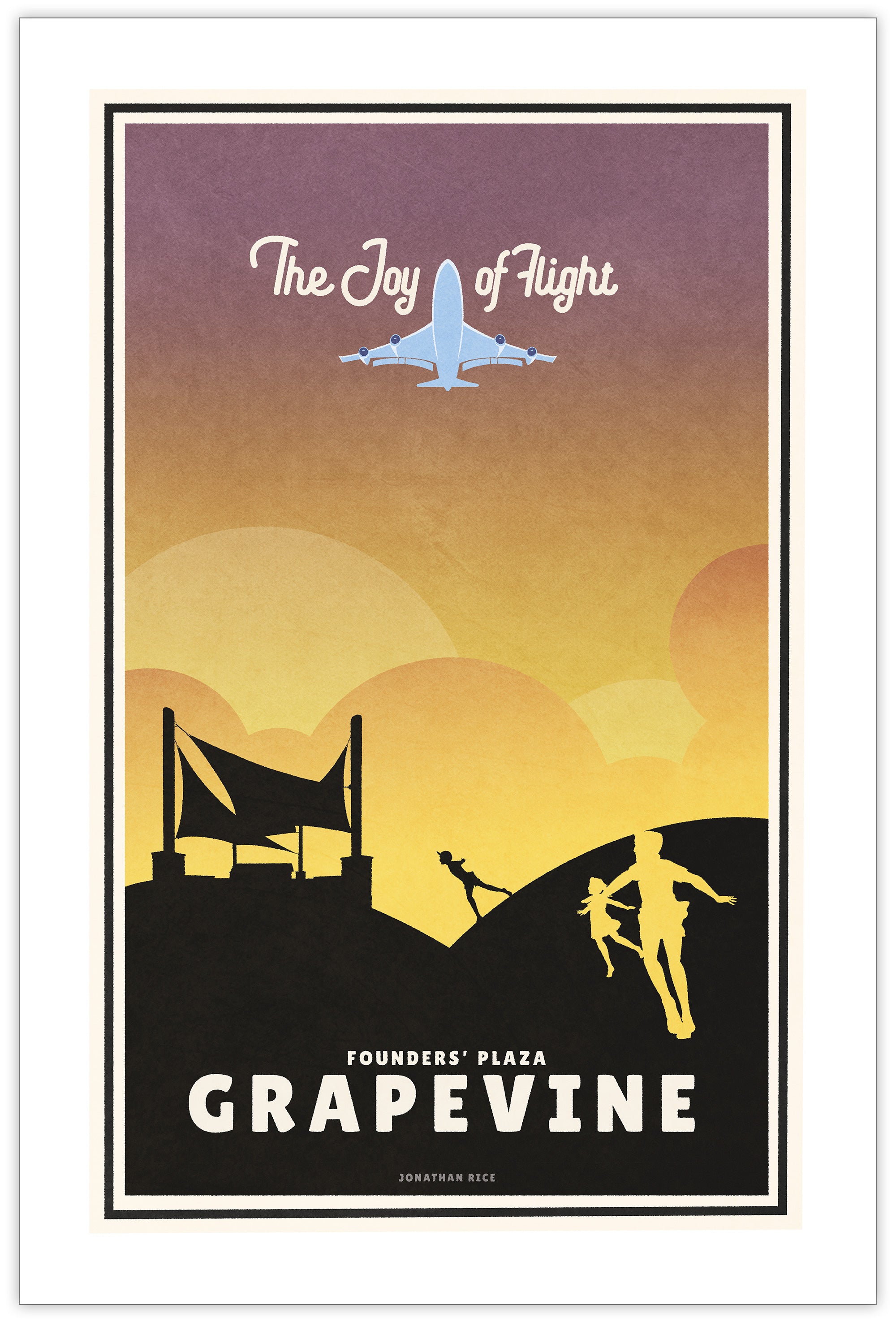 A retro style poster of DFW Airport’s observation area with children playing and an airplane flying overhead. It has the words “The Joy of Flight” at the top. The print primarily in bold black with bright colors. There are additional words a the bottom that says “Founders’ Plaza, Grapevine”.